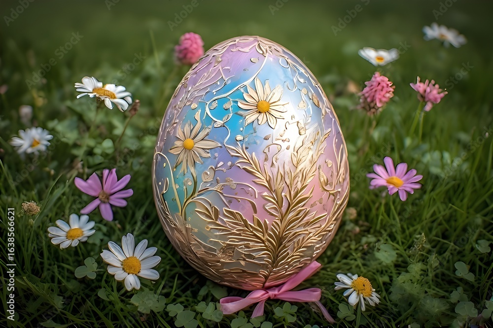 Fototapeta premium A casual photo of An intricately designed Easter egg nestled in a bed of lush, vibrant grass, surrounded by a variety of springtime blossoms. The egg, a stunning specimen of meticulous craftsmanship, 