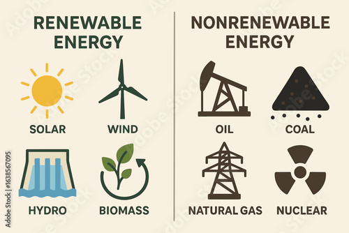 Renewable vs Nonrenewable Energy Comparison Icons