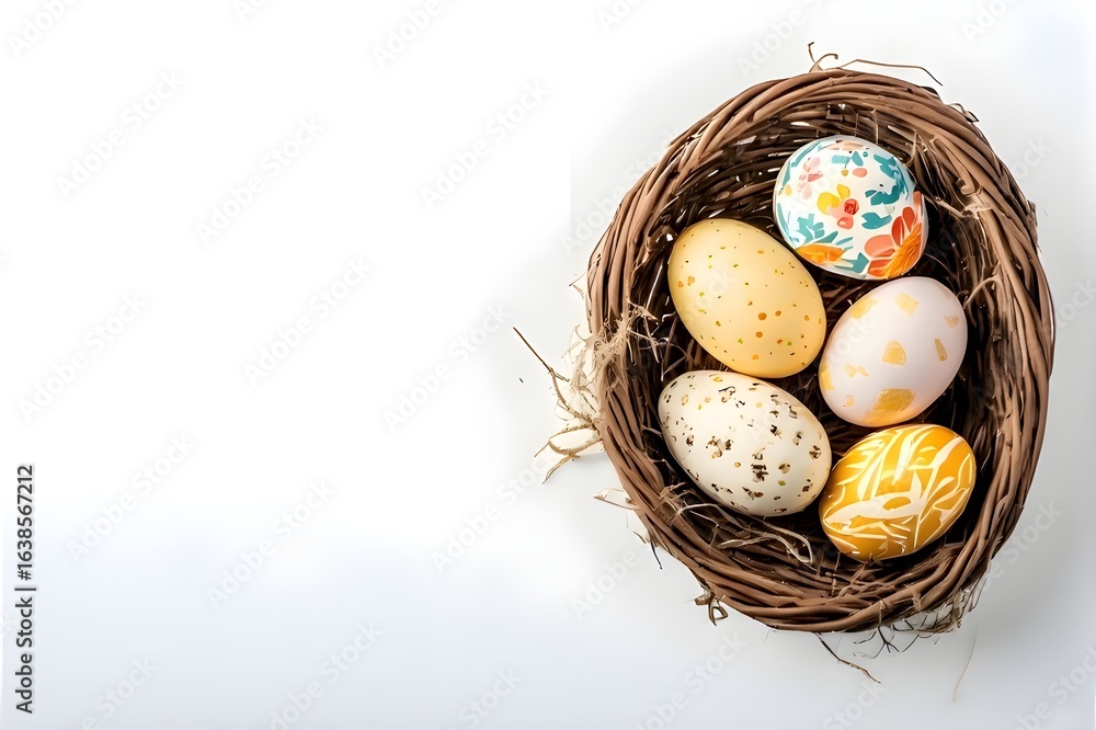 Obraz premium A casual photo of An intricately designed Easter egg nestled in a bed of lush, vibrant grass, surrounded by a variety of springtime blossoms. The egg, a stunning specimen of meticulous craftsmanship, 
