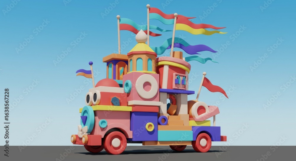 Naklejka premium Colorful 3D Cartoon Train with Flags
