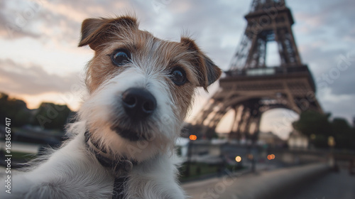 Playful dog poses near eiffel tower in paris captivating pet photography urban environment close-up perspective