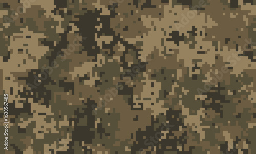 Abstract digital camouflage pattern.  Earthy tones blend seamlessly for a versatile design suitable for backgrounds, textures, or apparel.