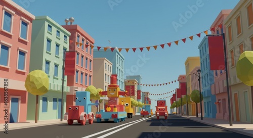 Cartoon City Parade with Colorful Vehicles
