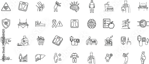 Obesity Health Risks line icon set. Vector pictograms of BMI chart, body weighing scale, diabetes, cholesterol problems, high blood pressure, fast food, mental health thin linear illustration.