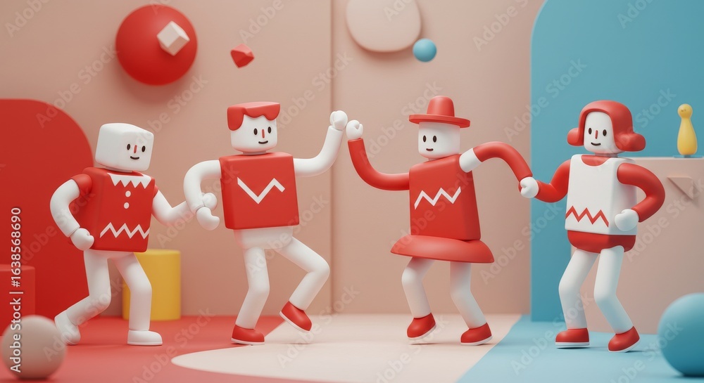 Fototapeta premium Playful Cartoon Characters Dancing in Colorful Scene