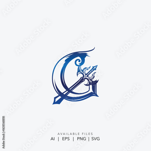 Letter G sword logo emblem, a powerful and epic initial for a gaming team, Medieval fantasy initial G logo with a warrior knight's sword