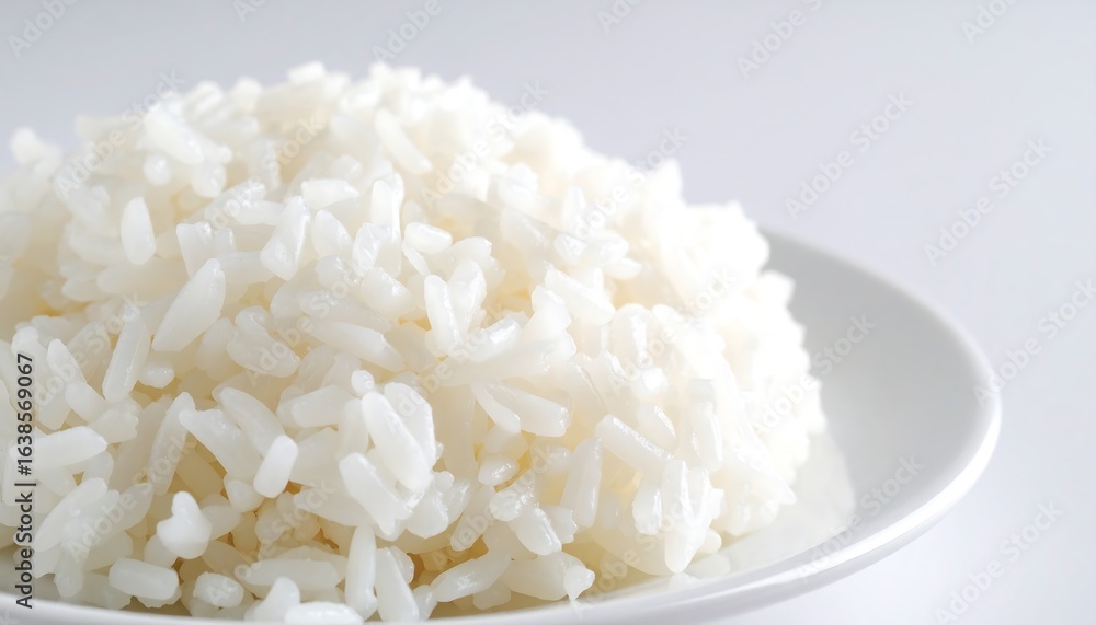 Fluffy white rice served on a plate with a clean background showcasing its texture and color in a minimalistic style Fluffy white rice served on a plate with a clean background showcasing its texture and color in a minimalistic style