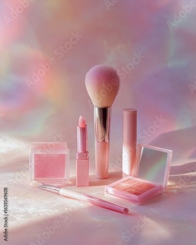 Pink makeup products on pastel background (1)