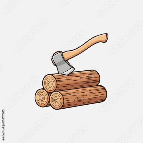 Axe resting on a stack of freshly cut logs