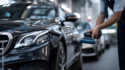 Mechanic polishing a black car in a workshop