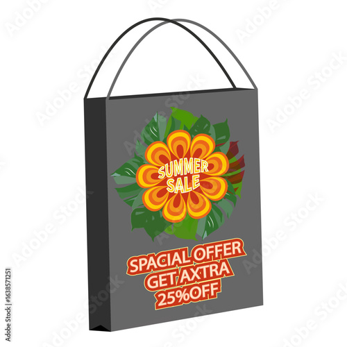 Summer sale14 Summer Sale Shopping Bag. Gray bag with bright flower monstera leaf print.The bag has a fashionable and elegant look.