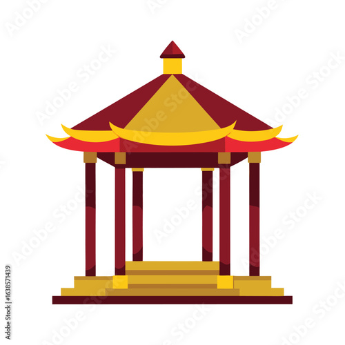 Traditional Chinese gazebo with red and gold colors and a white background pavilion