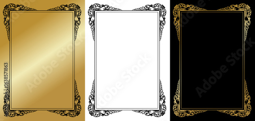 ornate frame, isolated vector image on a transparent background, three design options on gold, transparent, and black backgrounds
