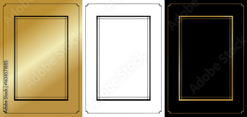minimalist frame, isolated vector image on a transparent background, three design options on gold, transparent, and black backgrounds