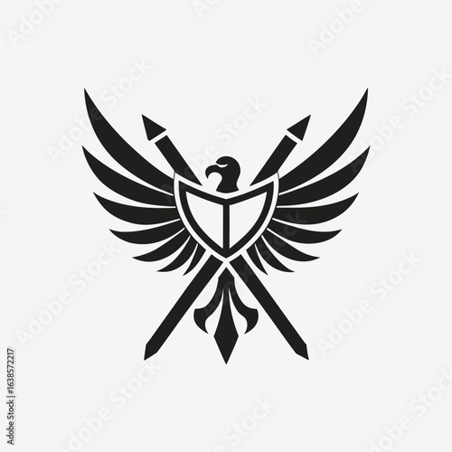 Black Silhouette Emblem of Eagle with Shield and Spears falcon hawk