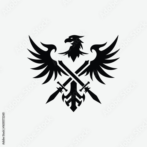 Black Silhouette of an Eagle with Crossed Swords Emblem falcon hawk