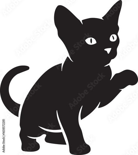 Playful black kitten raising its paw silhouette