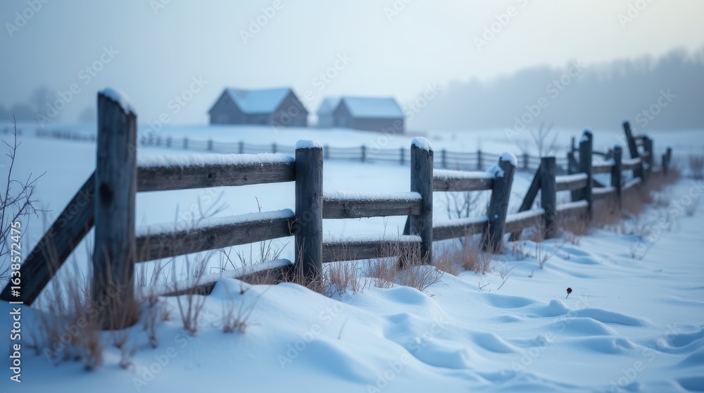 Naklejka premium Wooden fence covered with snow in a winter field. Cold weather landscape with farm buildings in the background. Seasonal outdoor scene.