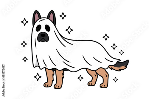 Cute dog dressed as a ghost for halloween with stars around it isolated on white background
