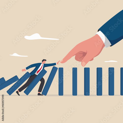 Vector art of businessman stopping domino effect with big hand intervention