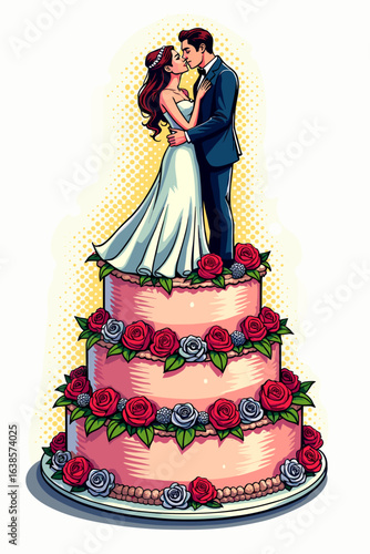 Elegant wedding cake with a bride and groom figurine on top, adorned with roses for a romantic celebration