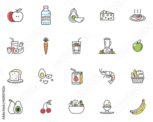 Healthy food icon set meat, smoothie, avocado, egg, cheese, bread, carrot, apple for blogs, websites, clipart, menu, nutrition, education, awareness