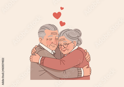 Elderly couple embracing with love and affection, symbolizing a strong and enduring relationship, with hearts floating above them