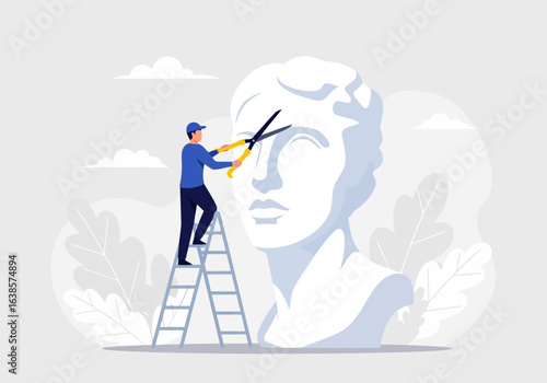 A man on a ladder uses scissors to trim the head of a large classical sculpture, symbolizing artistic creation and meticulous work