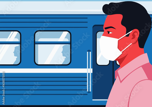 Man wearing a face mask on a train platform, symbolizing public transport safety and virus prevention during travel