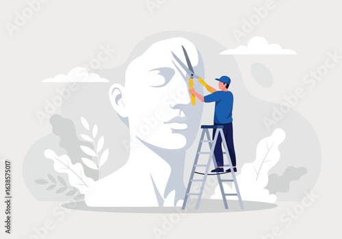 Artist using scissors on a ladder to trim the hair of a large white statue head, representing artistic creation and refinement