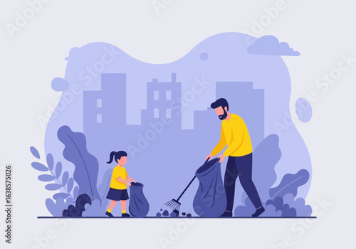 Father and daughter collecting garbage together in a park with city buildings and plants in the background, teaching environmental responsibility