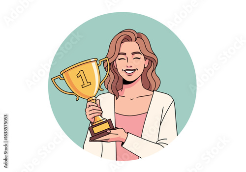 A happy young woman celebrating her success, holding a golden trophy with the number 1, isolated on white background