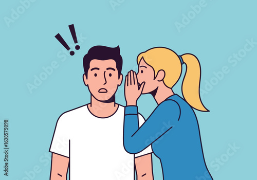 Woman whispering a secret or gossip into a mans ear, causing a surprised expression, representing sharing information and rumors