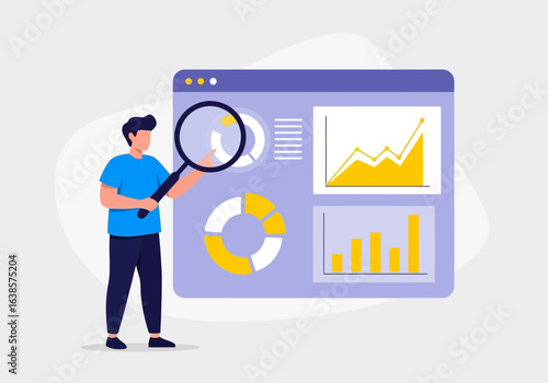 A man examines data on a computer screen using a magnifying glass, showcasing analysis, research, and business growth through charts and graphs