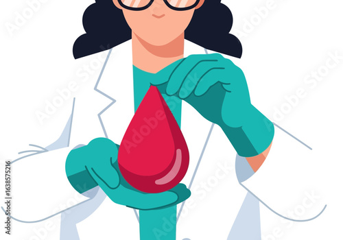 Closeup of a scientist in gloves holding a large red blood drop, symbolizing medical research, health, and scientific analysis