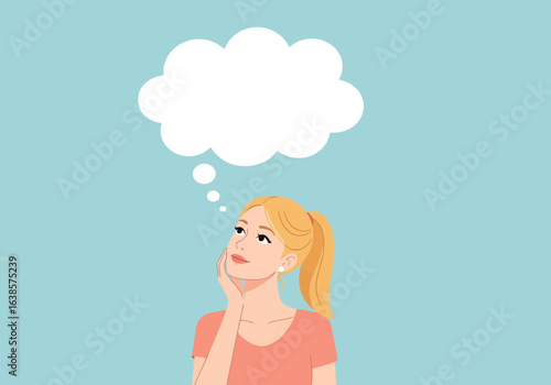 Blonde woman with a thought bubble above her head, contemplating or having an idea, flat design illustration