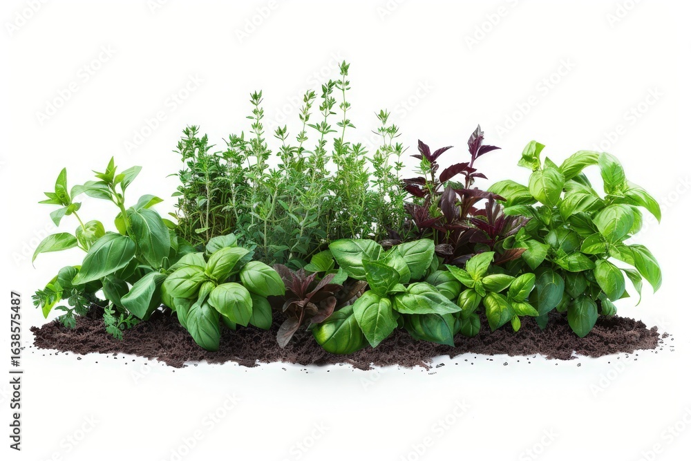 Obraz premium Close-up of fresh basil and thyme plants in herb garden isolated