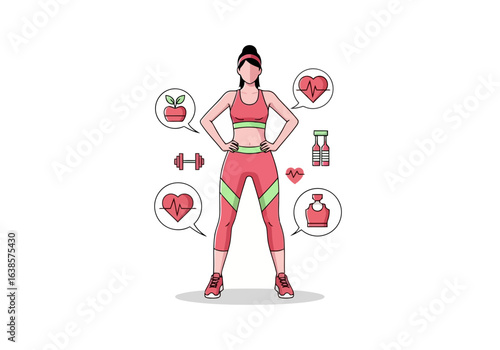 Fit woman in sportswear with health and fitness icons, representing a healthy lifestyle and active living