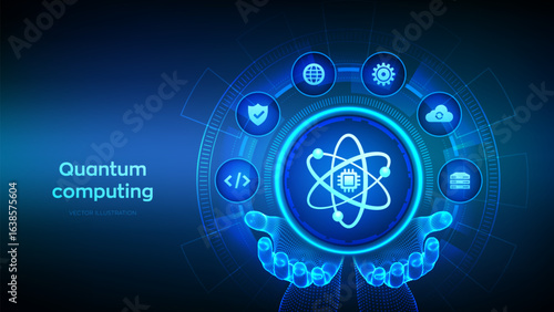 Quantum computing technology concept. Quantum qubit intelligent computing. Data analytics. Quantum computing icon in wireframe hands. AI. Artificial intelligence. Deep learning. Vector illustration.