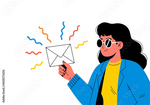 Woman in sunglasses holding an envelope with colorful wavy lines emanating from it, symbolizing receiving an email or message