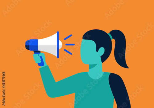 A woman with a megaphone announcing or speaking loudly, symbolizing communication, activism, or spreading a message against an orange background