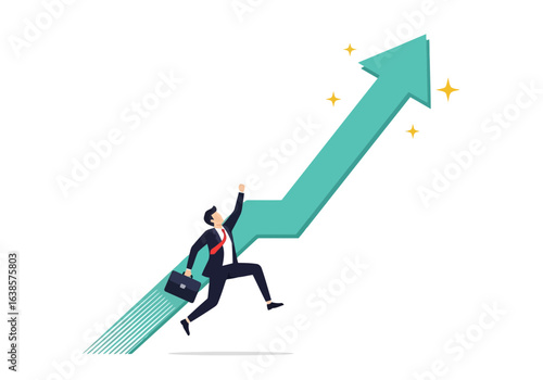 Businessman running up a green arrow symbolizing business growth and success, isolated on white background