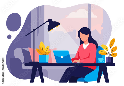Woman working on a laptop at a desk with a lamp and plants in a cozy room, representing remote work, study, or freelance lifestyle, with soft light coming from the window, isolated on white background