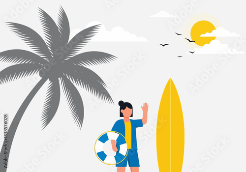 A person holding a lifebuoy and a surfboard on a sunny beach with a palm tree and birds in the sky