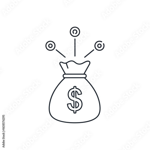 Money bag with dollar sign and radiating circles, symbolizing financial growth and earnings, isolated on white background