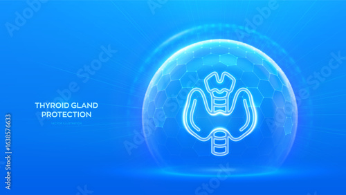 Thyroid gland protection. Raising awareness and preventing thyroid gland diseases. Thyroid gland icon inside protection sphere shield with hexagon pattern on blue background. Vector illustration.
