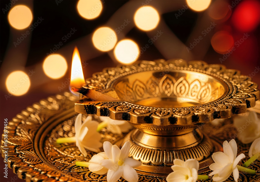 Obraz premium Golden Brass Diya Lamp with Jasmine Flowers and Bokeh Lights for Diwali Celebration