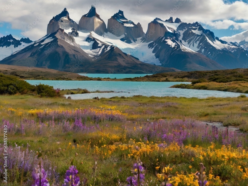 Fototapeta premium Patagonian spring morning, Torres del Paine granite towers framed by meadows of purple and yellow wildflowers.
