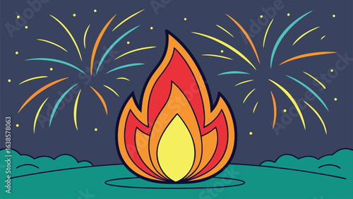 Bonfire and Fireworks Display at Night Illustration flames heat