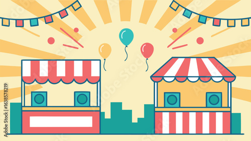 Carnival Stalls with Balloons and Bunting on Sunny Day fair booths